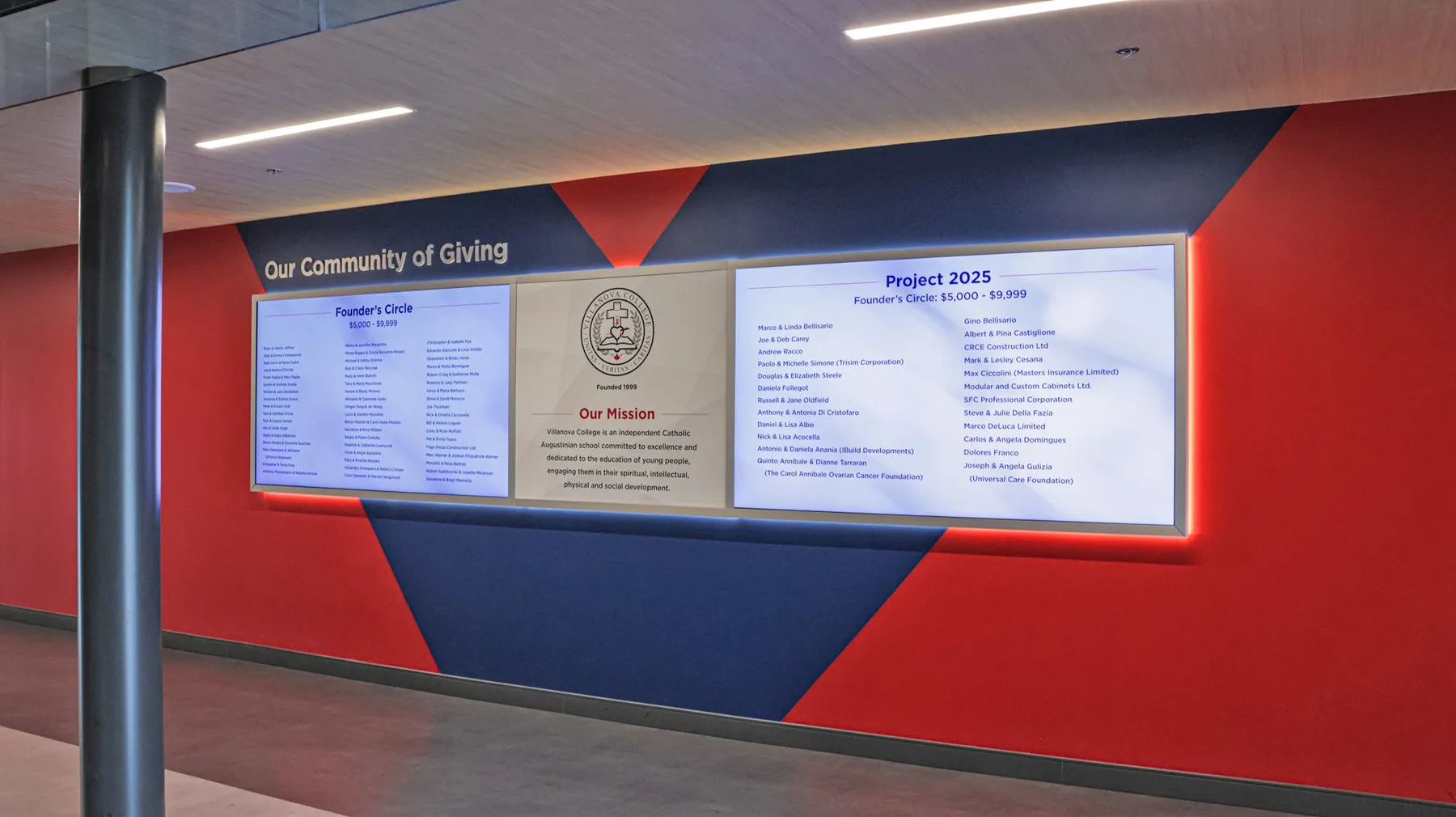 The Villanova College Our Community of Giving wall, a dual-screen recognition display set into the school's red and navy feature wall